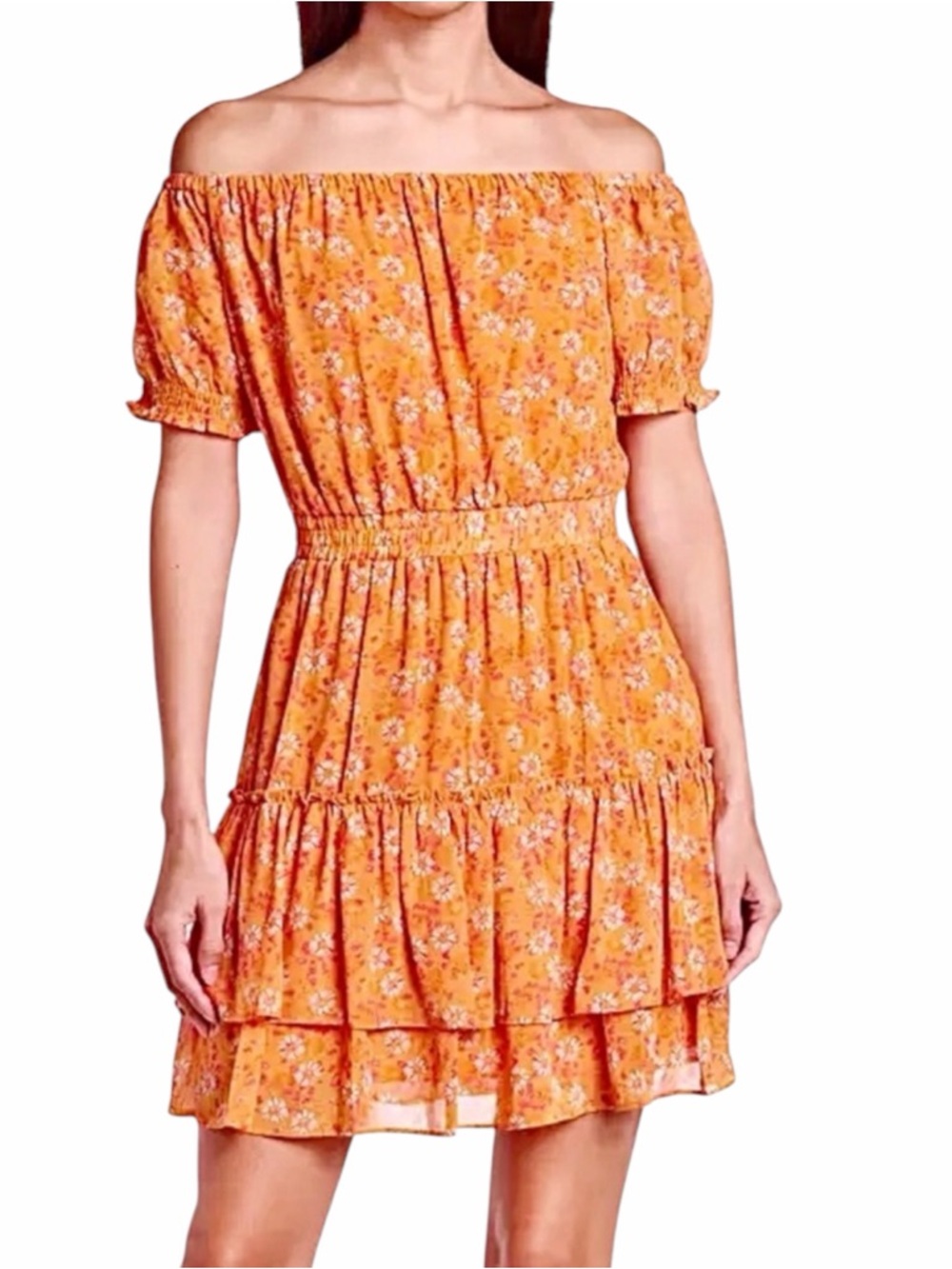 Wayf Off-The-Shoulder Mini Dress in Orange Daisies Size XS